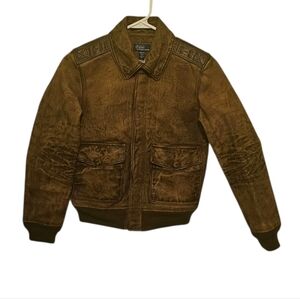 Polo Ralph Lauren Boys Kids Leather Flight Jacket Medium 10/12 Brown‎ Vntg Style